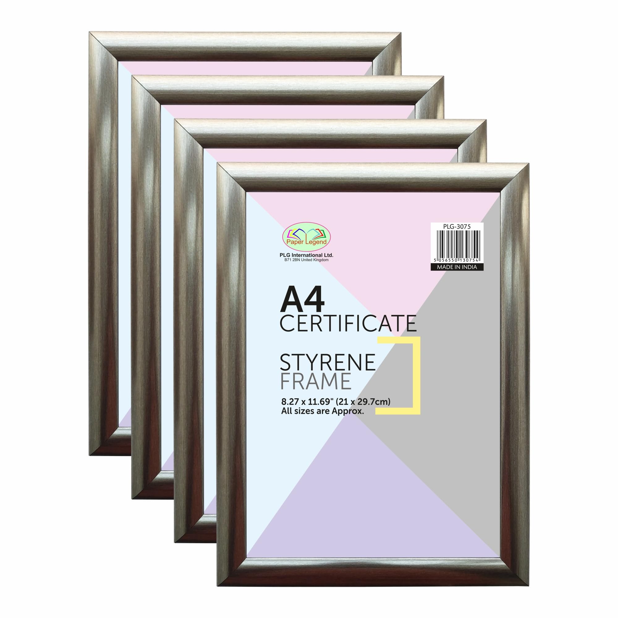 Pack of 4 - A4 Silver Photo Frame with Clear Styrene Front Panel Wooden Effect Picture Frame Certificate Frame 21cm X 29.7cm Hang on the Wall and Freestanding Ideal for Home Office Wall Decor (Silver)