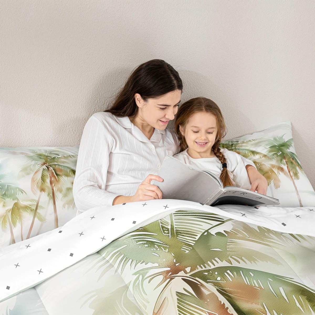 Feelyou Boys Girls Palm Tree Print Bedding Set Queen Size, Palm Leaf Comforter Set Botanical Nature Theme Comforter Kids Hawaiian Tropical Island Teens Duvet Set Bedroom Decor Microfiber Bed Set