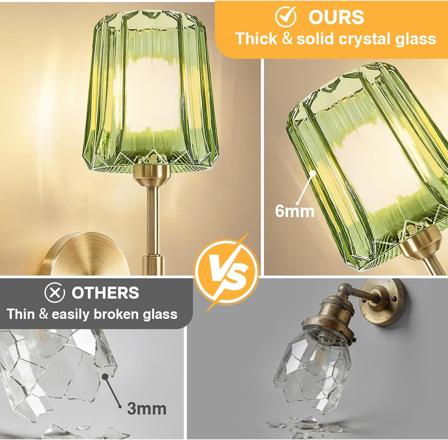 Crystal Battery Operated Wall Sconces Set of 2, Green Rechargeable Wireless Wall Sconce Lights with Crystal Lampshade, 12 RGB and 3CCT Dimmable Wall Lamps for Bedroom Living Room Hallway Decor, 2 Pack