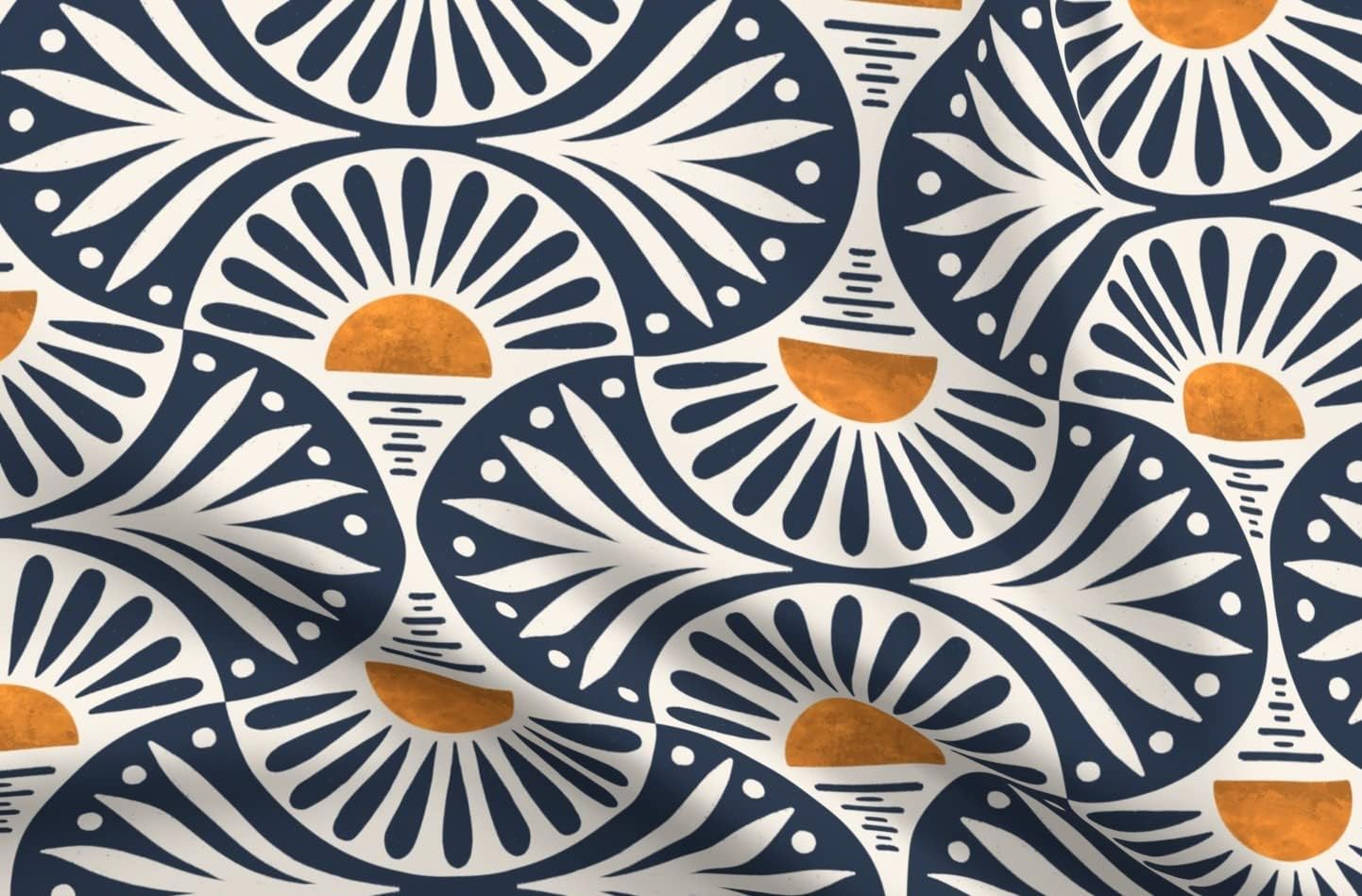 Spoonflower Fabric - Art Deco Boho Retro Vintage Abstract Sunset Coastal Modern Damask Navy Printed on Organic Cotton Sateen Fabric by The Yard - Sewing Quilting Apparel Home Decor