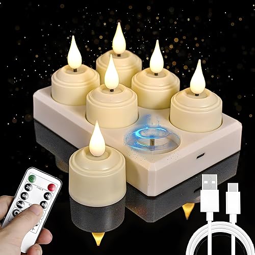NICEME Velas de té recargables sin llama con estación de carga, 6 velas LED que funcionan con pilas, velas votivas eléctricas parpadeantes para mesa