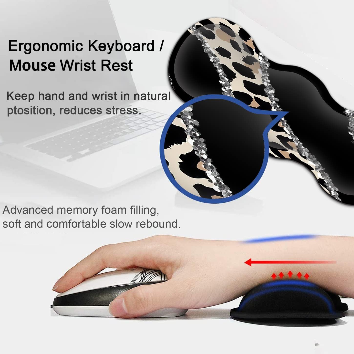 Black Large Gaming Mouse Pad - 31.5x11.8, Ergonomic Memory Foam Wrist Rest Support, Non-Slip Base, Leopard Design