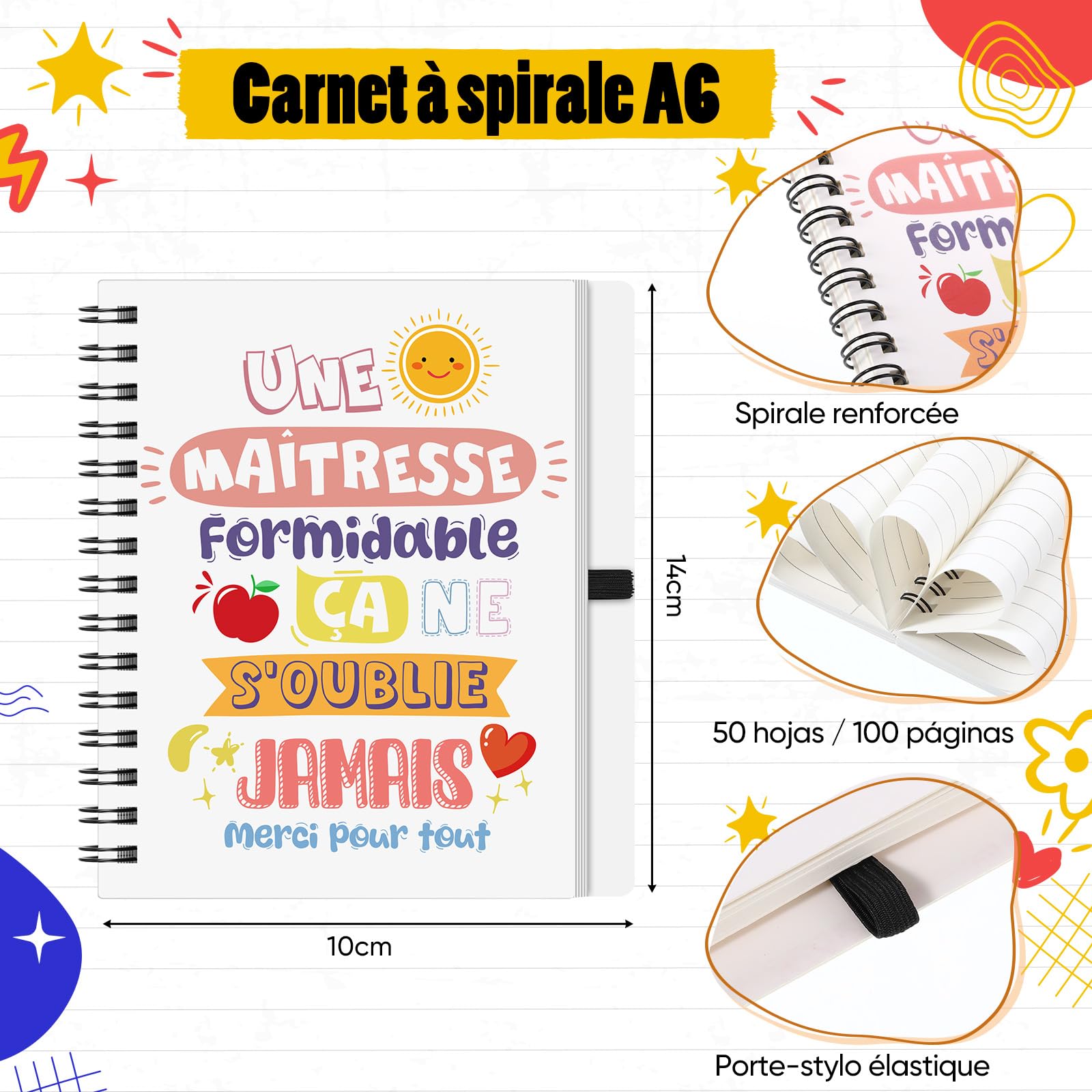 Sinmoe 4 Pièces Cadeau Merci Maîtresse Professeur Enseignant Cahier à Spirale de Format A6 Marque-Page Porte-Clés Stylo Rétractable pour École Fin d'Année Cérémonie de Remise des Diplômes