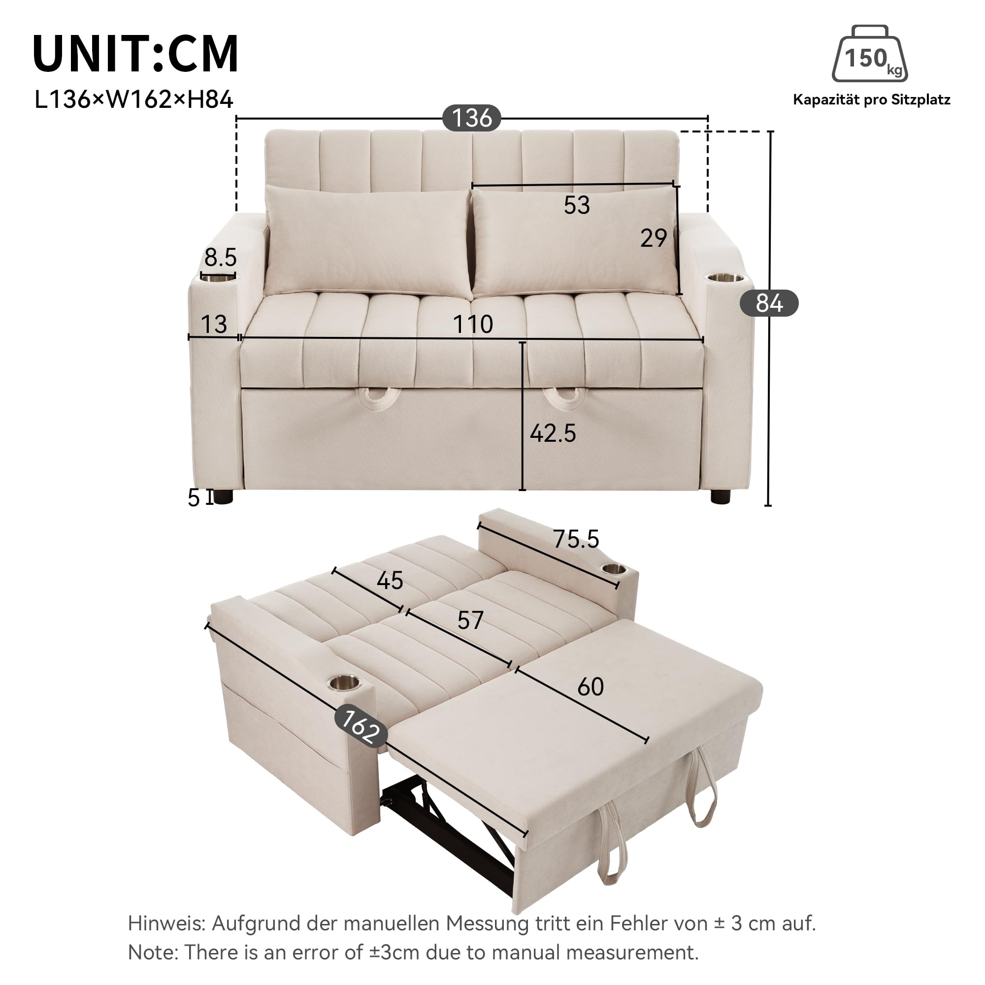 Generisch Modułowa sofa z funkcją spania z 3-stopniową regulacją, podwójne siedzisko z przyjaznej dla skóry tkaniny bawełnianej, regulowane oparcie do 180°, nośność 150 kg, 136 x 162 x 84 cm, do