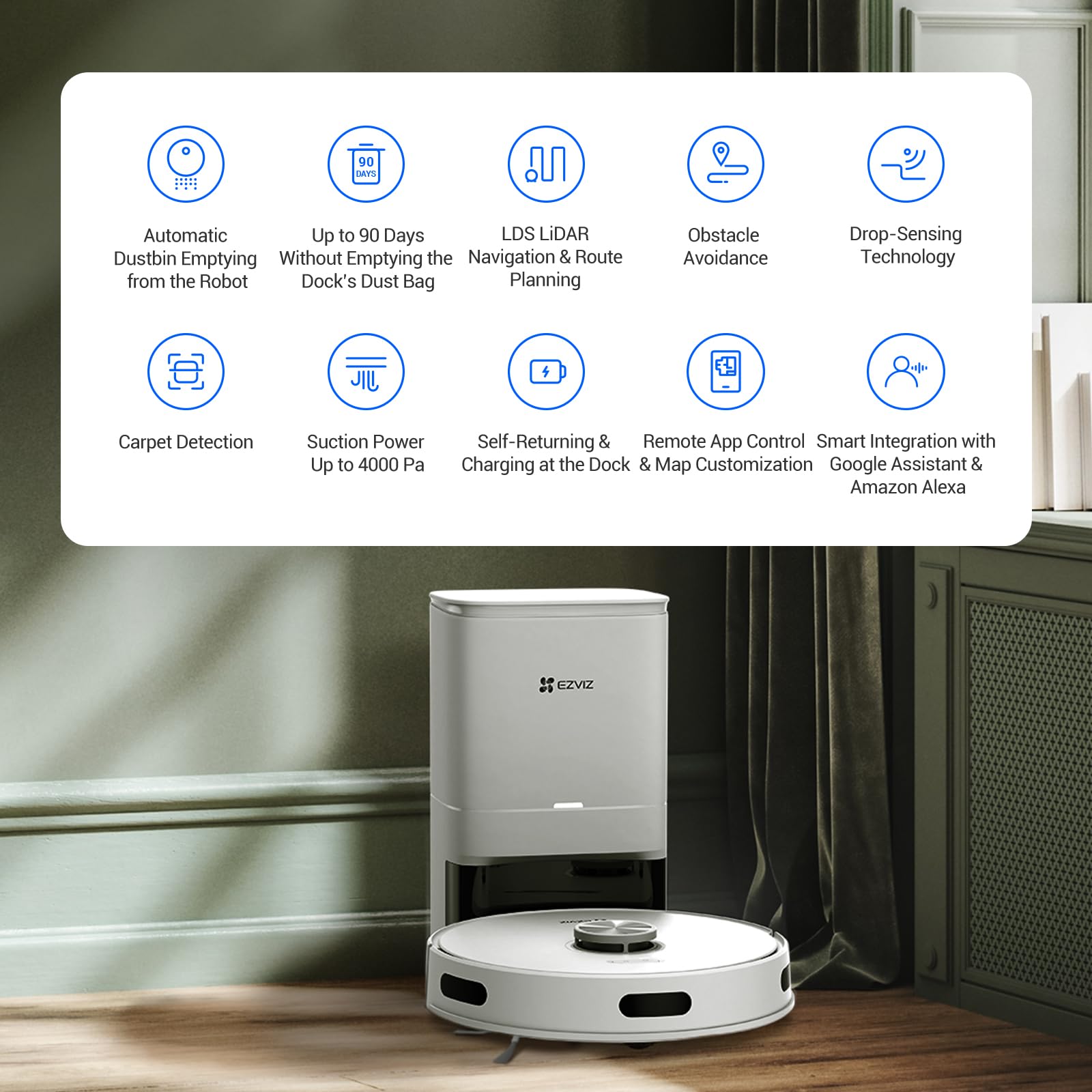 EZVIZ Robot Aspirapolvere Lavapavimenti con Base a Svuotamento Automatico Polvere, Navigazione LiDAR Rilevamento Ostacoli, Aspirazione 4000Pa, Batteria da 180 min, Controllo APP/Alexa, RE5 Plus