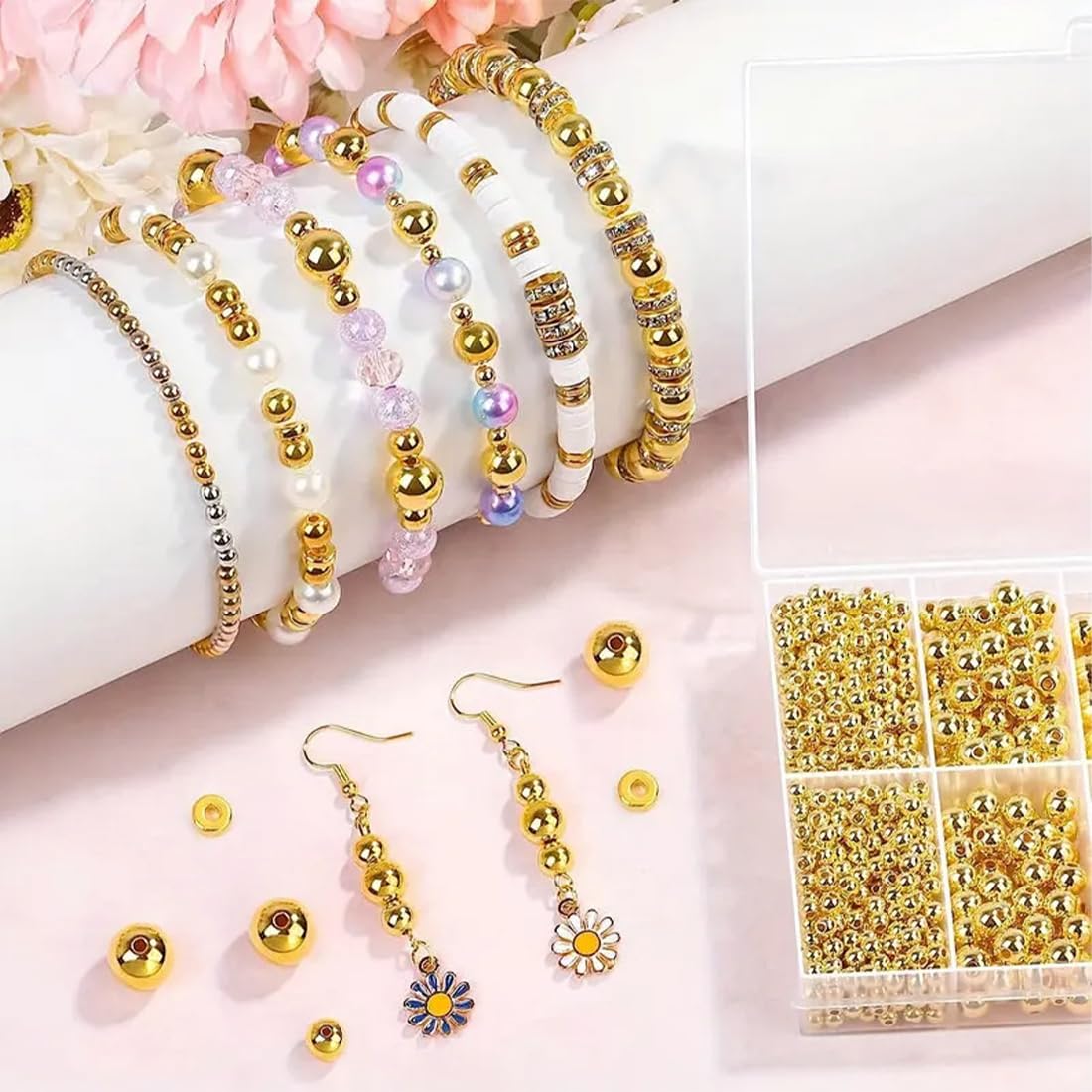 1100 pezzi Perline Oro Dorate Ottone Placcato Oro, Placcatura Resistente, per Kit Creazione Orecchini Bracciale Fai da Te, Feste, Vacanze