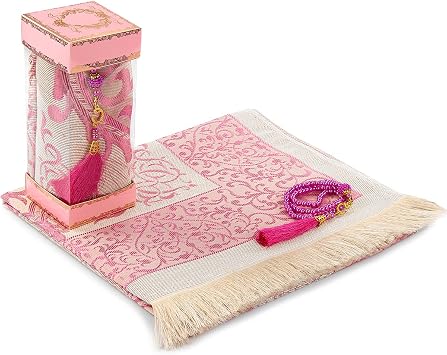 Muslim Prayer Rug and Prayer Beads with Elegant Gift Box | Janamaz | Sajadah | Soft Islamic Prayer Rug | Islamic Gifts Set | Prayer Carpet Mat, Taffeta Fabric, Pink