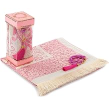 Muslim Prayer Rug and Prayer Beads with Elegant Gift Box | Janamaz | Sajadah | Soft Islamic Prayer Rug | Islamic Gifts Set | Prayer Carpet Mat, Taffeta Fabric, Pink