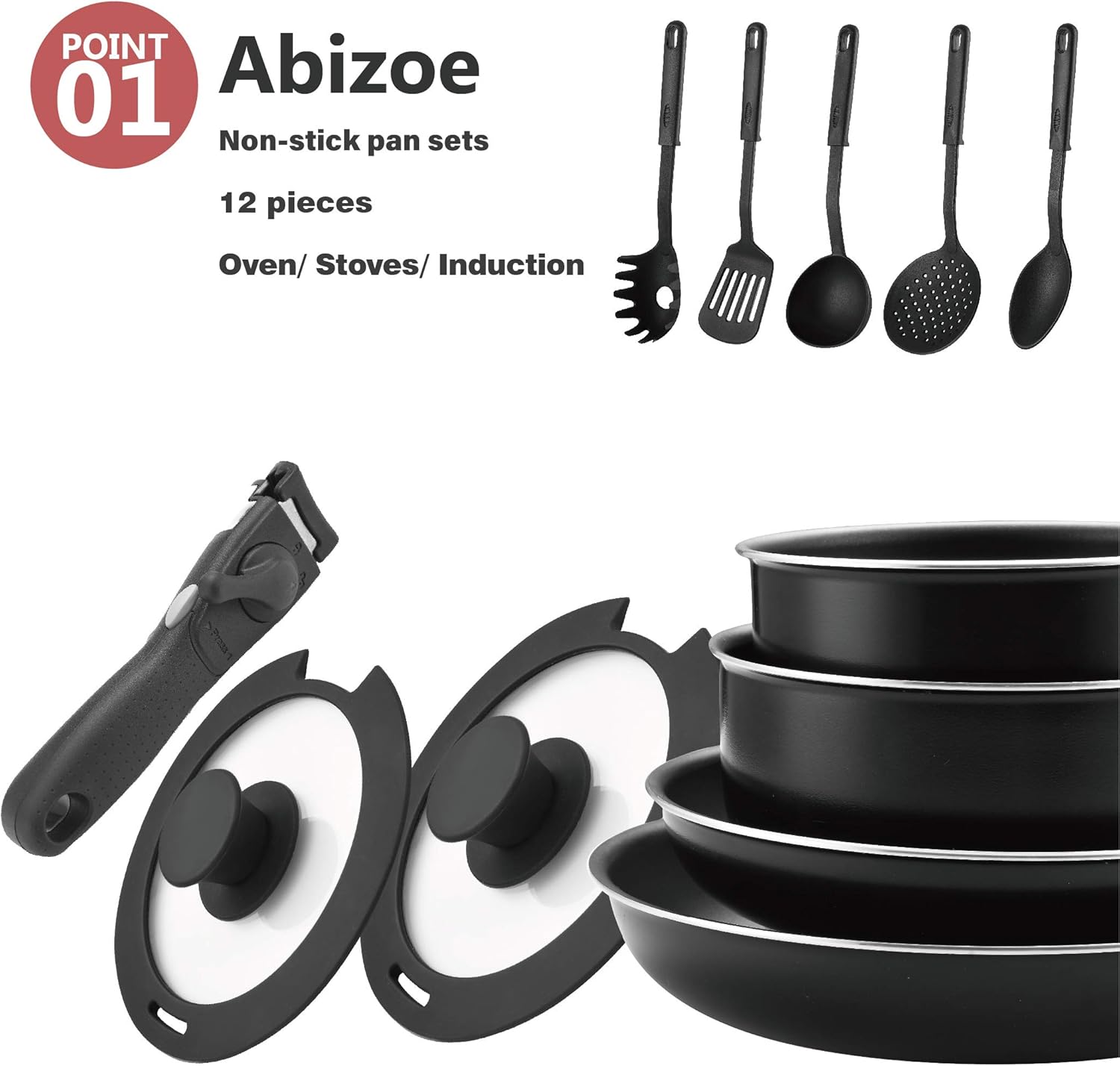 Abizoe 12 Piece Non-Stick Cookware Set Non-Stick Pans and Pots with Removable Handles, Space Efficient Excellent for RVs and Compact Kitchen (Black 12 pieces): Home & Kitchen