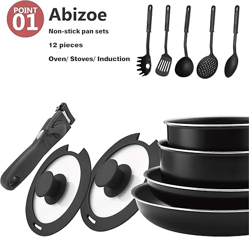 Miniatura 3 de Abizoe Juego de utensilios de cocina antiadherentes de 12 piezas sartenes y ollas antiadherentes con asas extraíbles eficiencia de espacio excelente