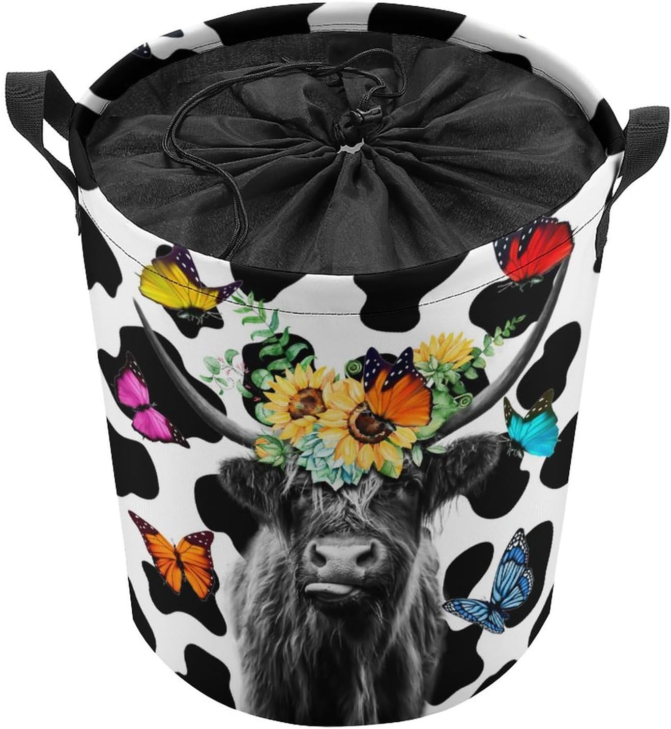 Highland Cow Waterproof Oxford Cloth Laundry Basket Funny Rustic Farmhouse Farm Animal with Sunflower Butterfly for Dorm Family Travel One Size