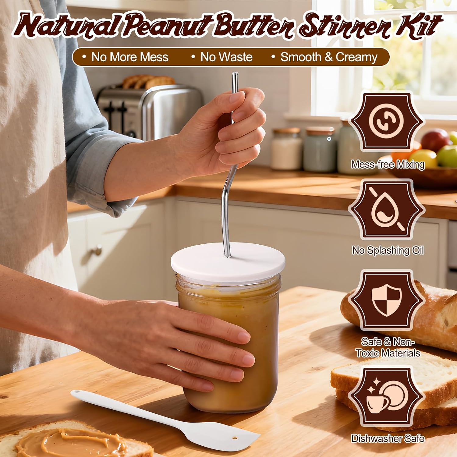 Enhon Natural Peanut Butter Stirrer Kit, 11.3in 304 Stainless Steel Peanut Butter Mixer with Spill Resistant Silicone Lid and Built in Cleaning Hole Spatula for Easy Mixing Almond, Jams ＆ Other Sauces