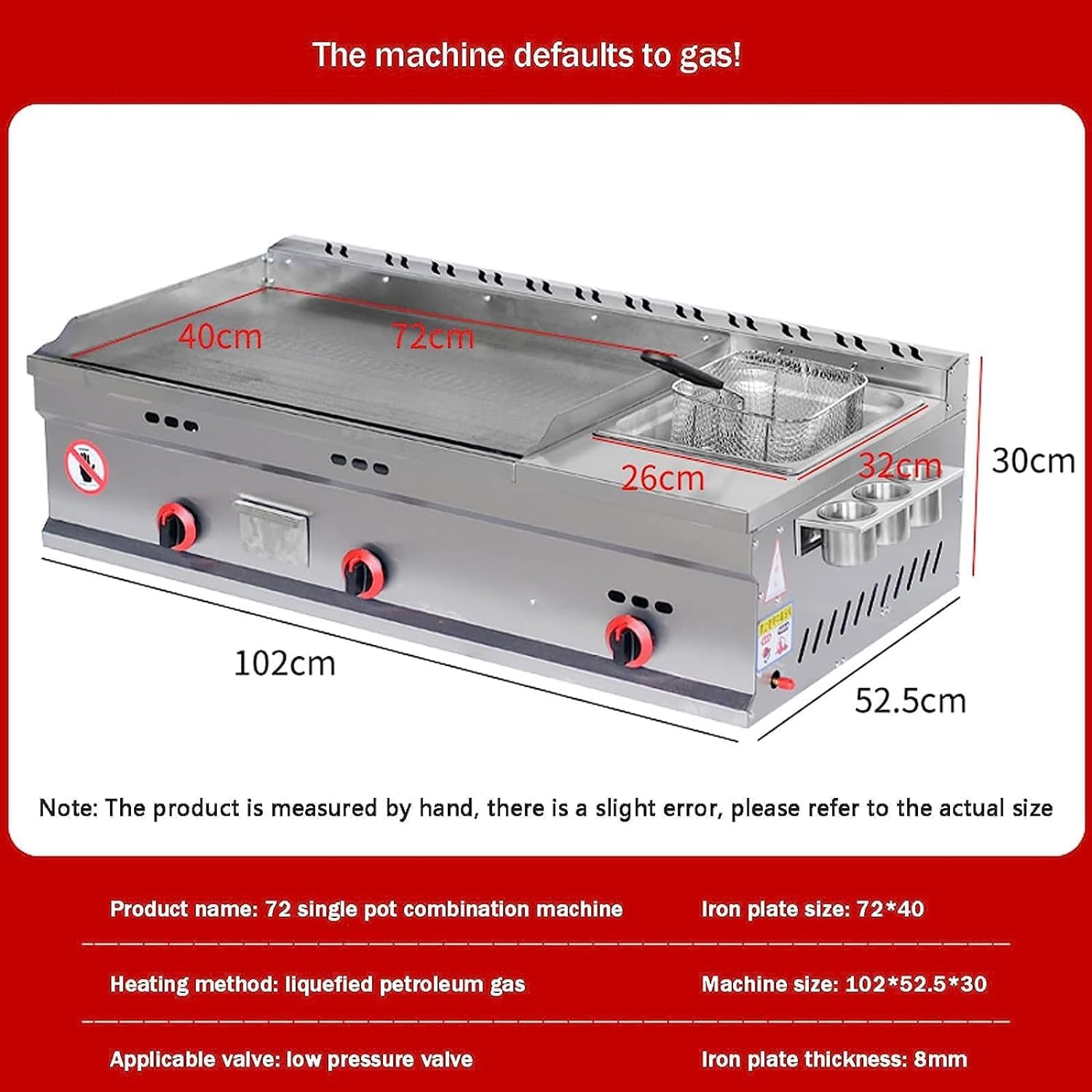 Piastra a gas da banco commerciale, in acciaio inox con cestino, padella Teppanyaki, 3 manopole regolabili per temperatura, ideale per barbecue, bistecche, uova, pancake