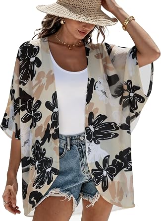 Womens Floral Print Puff Sleeve Kimono Cardigan Loose Cover Up Casual Blouse Tops 2026