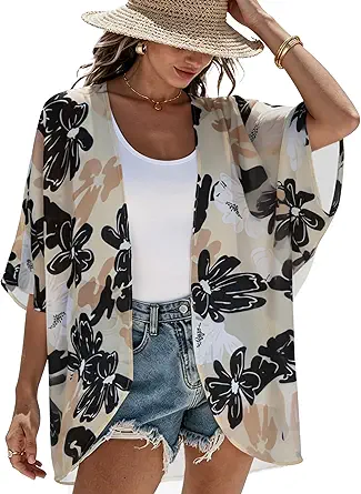 Women's Floral Print Puff Sleeve Kimono Cardigan Loose Cover Up Casual Blouse Tops