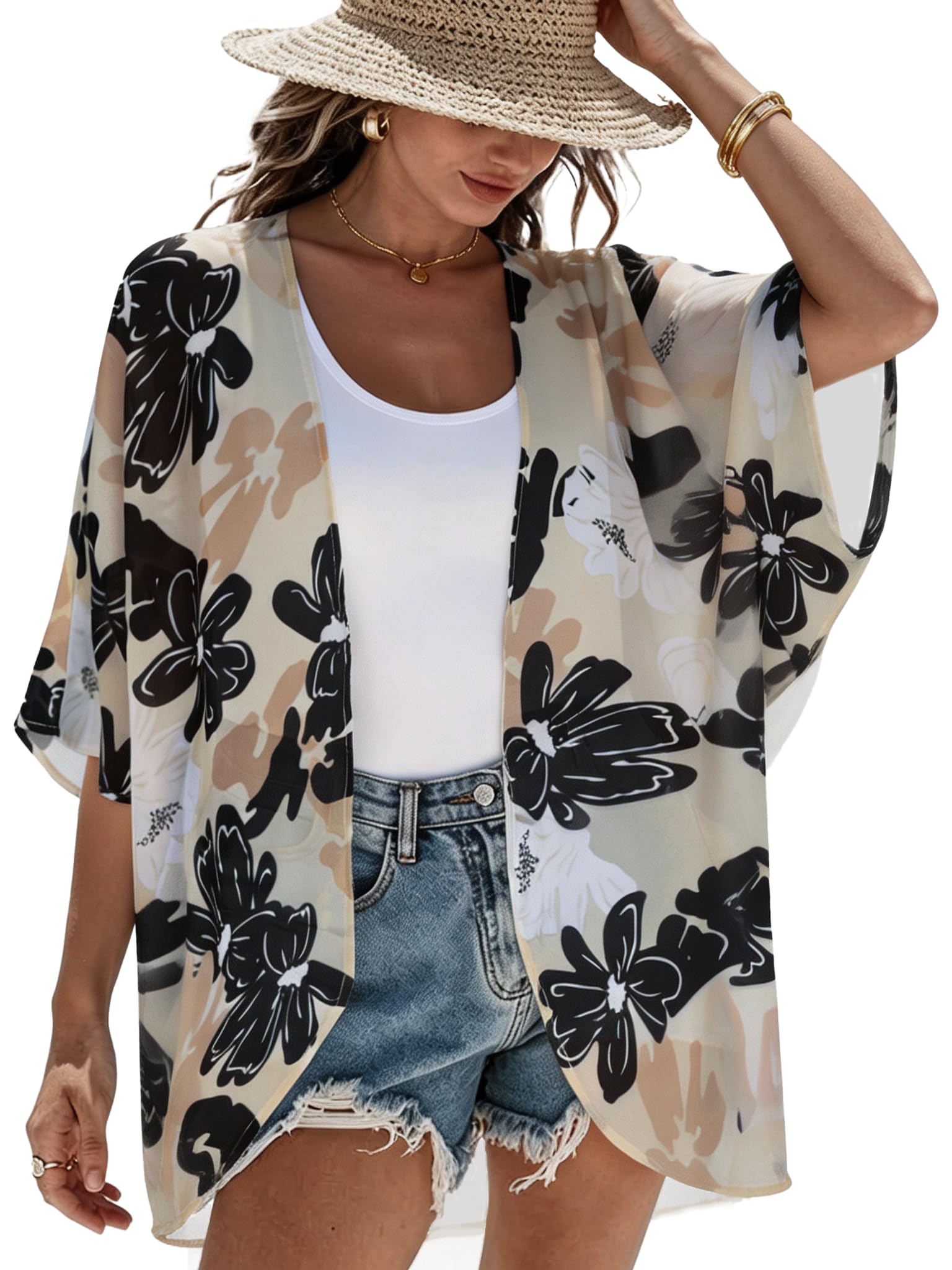Women's Floral Print Puff Sleeve Kimono Cardigan Loose Cover Up Casual Blouse Tops 2026