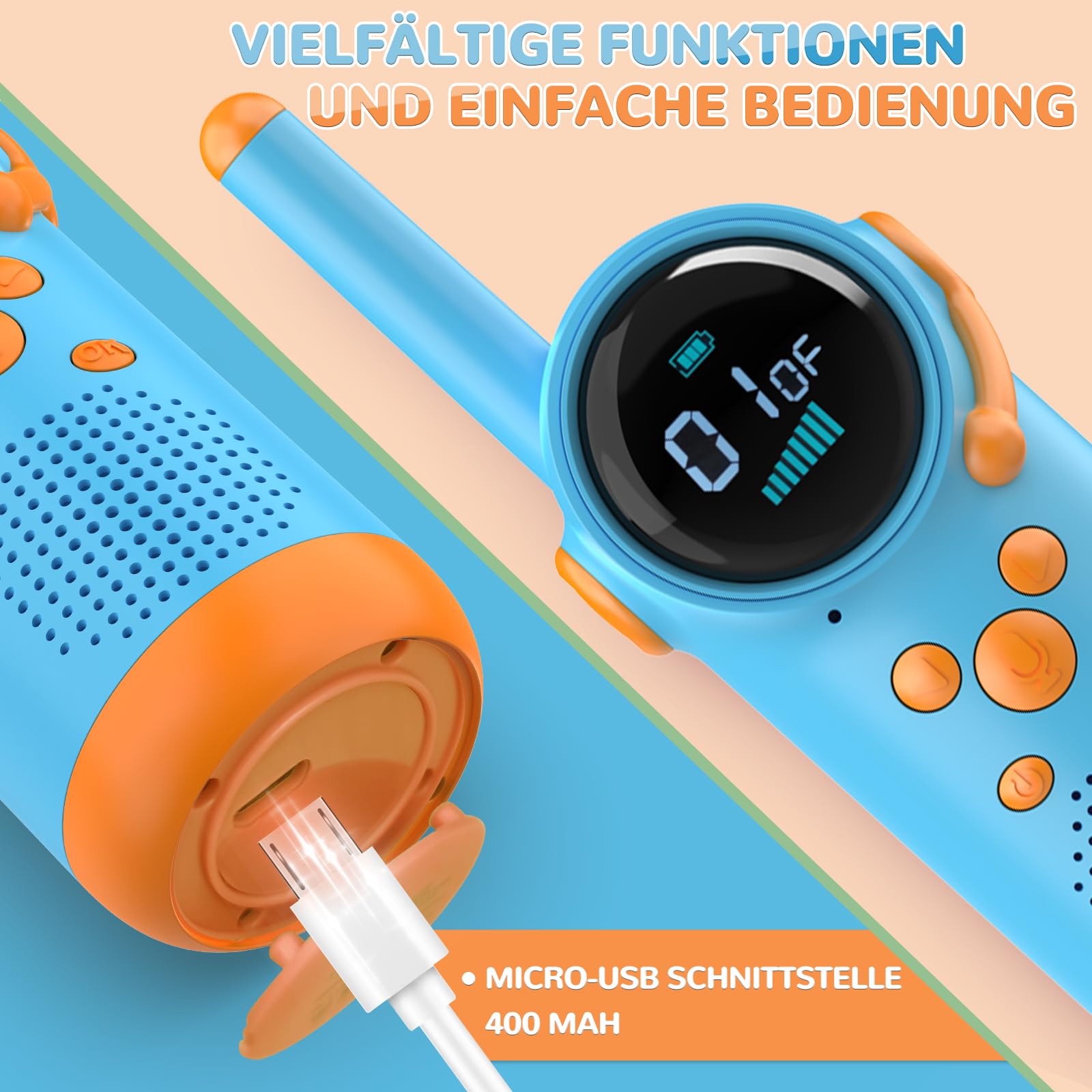 Kearui Walkie Talkie Kinder, Walkie Talkies Spielzeug für 3-12 Jahre, Aufladbar Funkgeräte Kinder mit VOX Funktion, LED Taschenlampe, Tastensperre für Abenteuer im Freien, Camping, Wandern (Blau)