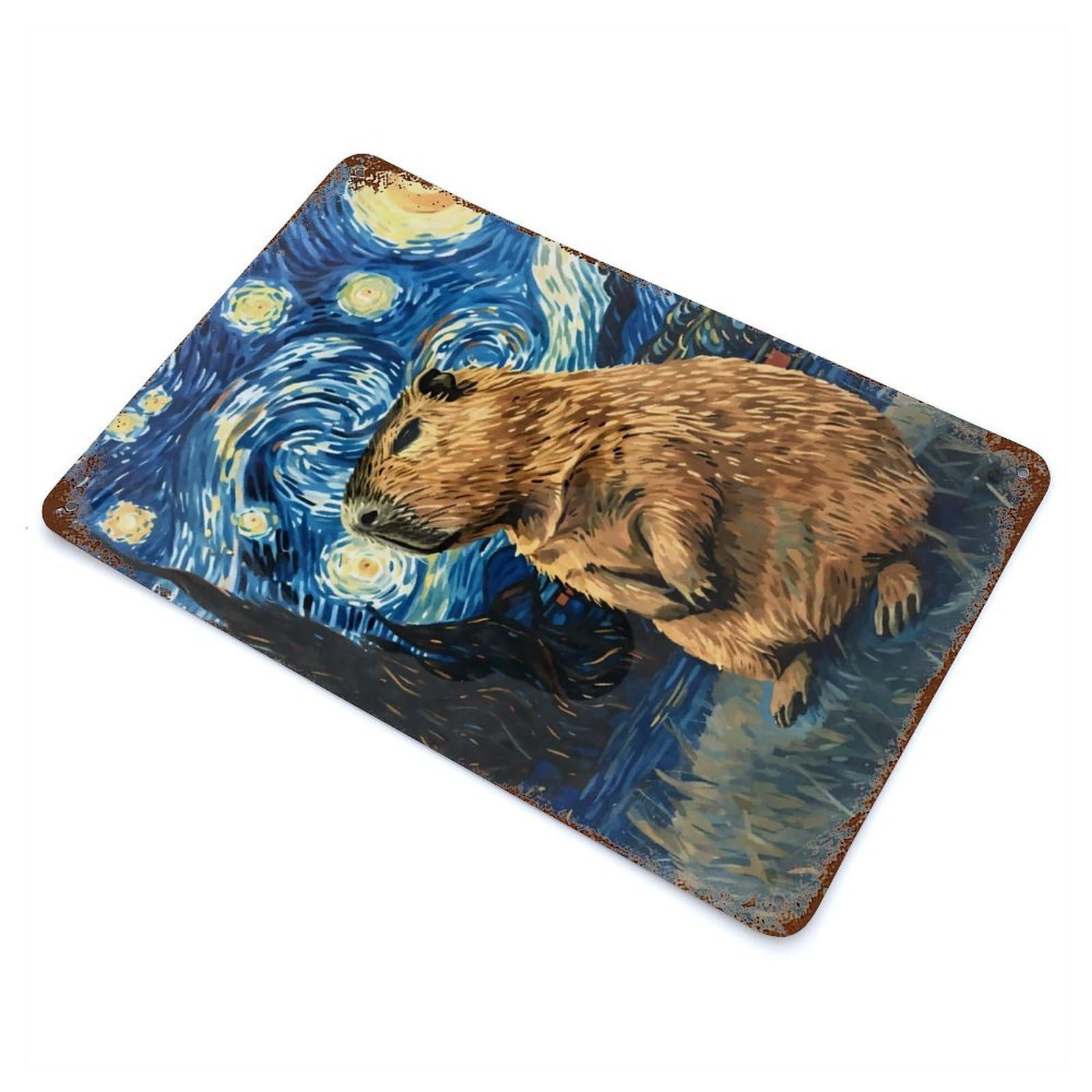 Aged Metal Wall Plaque with Capybara Starry Night Design 11.8"x7.9", for Basement, Hobby Room And Garage Decor, Farmhouse Wall Decor