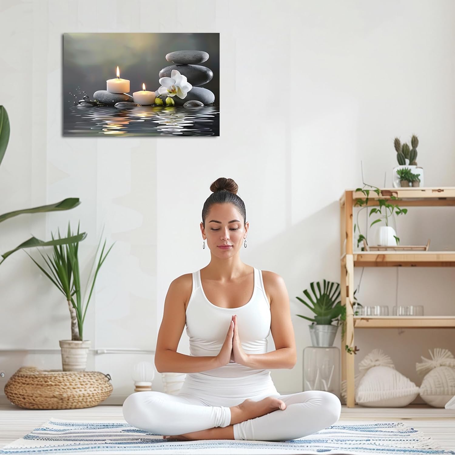 PBXBJY Bathroom Wall Art Orchid Flower with Black Zen Stone Pictures SPA Candle Picture Prints Still Life Canvas Painting for Meditation Spiritual Room Decor (White, (12.00" x 18.00")) - Image 4