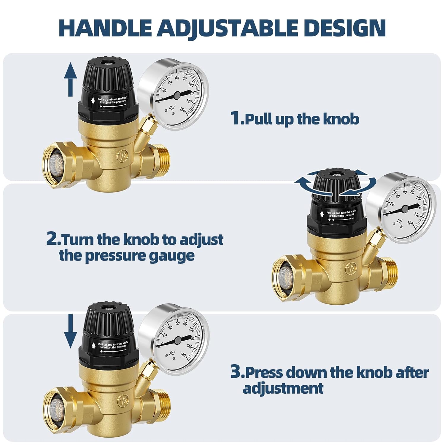 SPECILITE RV Water Pressure Regulator Valve, Adjustable Handle Brass Lead-Free Pressure Reducer with Gauge and Inlet Filter for Camper Travel Trailer