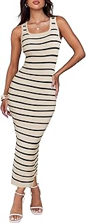 ZESICA Women’s Summer Square Neck Bodycon Midi Dresses 2025 Casual Sleeveless Ribbed Knit Striped Beach Vacation Long Dress