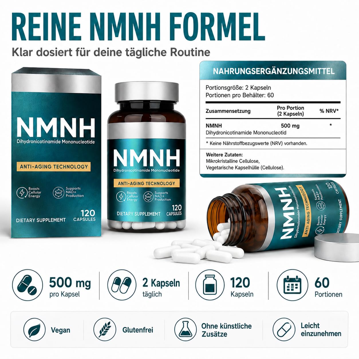 NMNH Kapseln 120pcs, Zur Steigerung Des NAD+-Spiegels, NMNH Supplement | Anti-Aging & Konzentration, Zellenergie Und Vitalität, Vegan & Ohne Zusätze