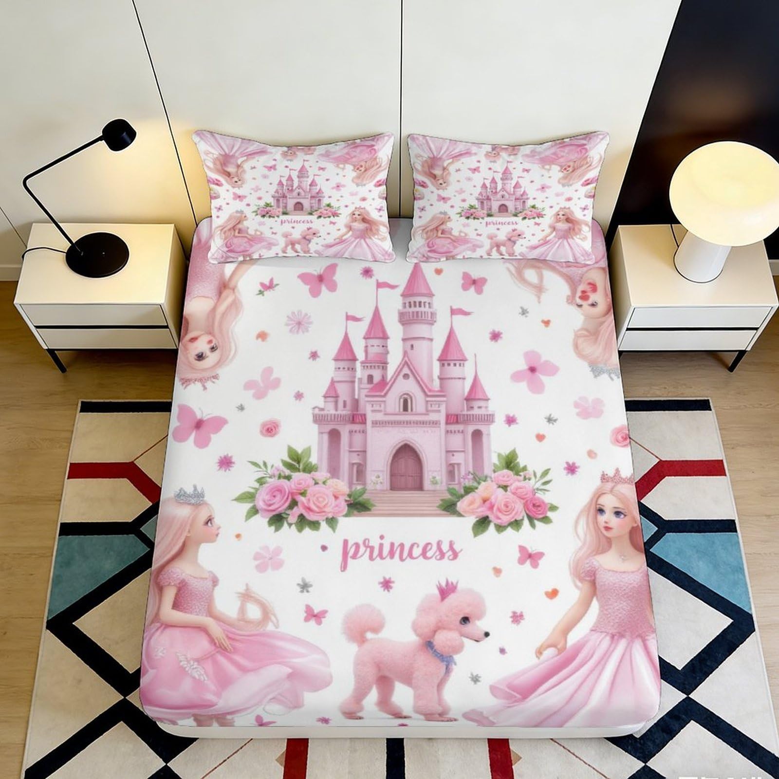 3D Printed Princess Castle Fitted Sheet Microfiber Soft Breathable Pink Dress Bed Cover for Bedroom Dormitory Guest Room Mattress Protection 160x200x25cm