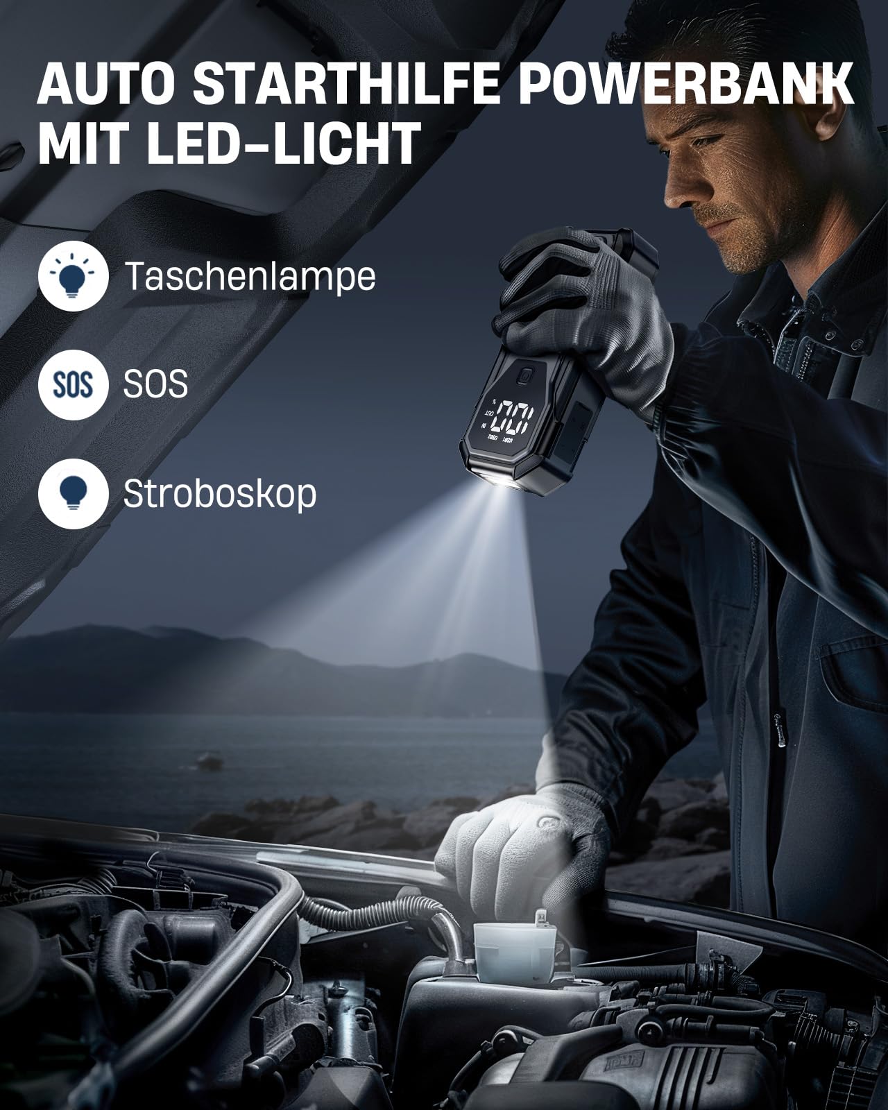 8000A Auto Starthilfe Powerbank für Pkw für 12V Fahrzeuge | 21800mAh Starter Powerbank, USB 3.0 Schnellladung, 3-Modi LED-Licht, Status-Display, Zwangsstart-Taste
