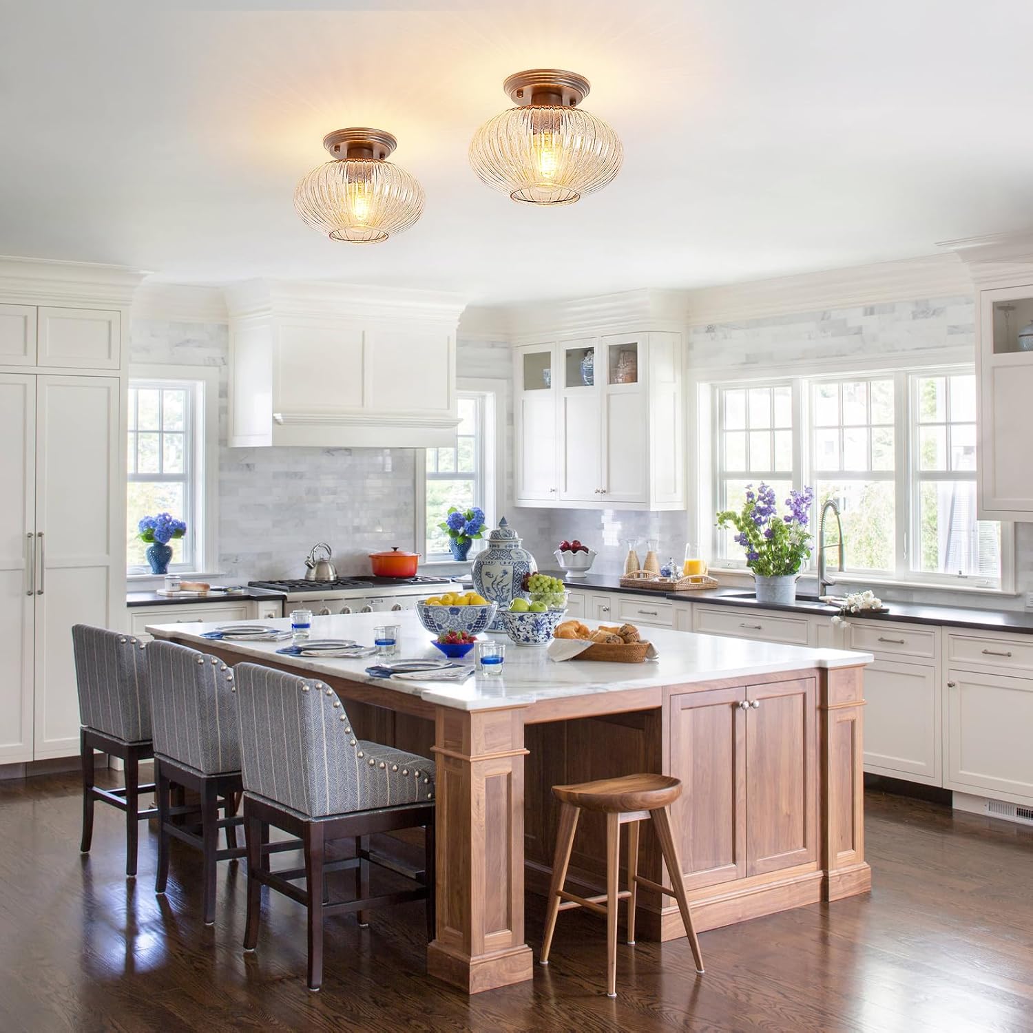 Semi Flush Mount Ceiling Light, Black Vintage Kitchen Ceiling Lights, Amber Striped Glass Close to Ceiling Light Fixtures for Living Room, Hallway, Bedroom