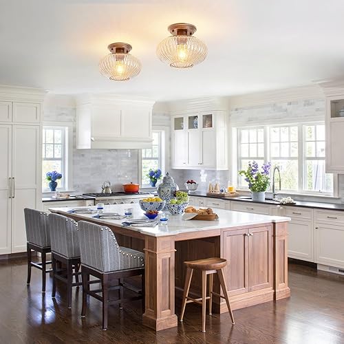 Miniatura 2 de Lámpara de techo semiempotrada, luces de techo vintage negras para cocina, vidrio a rayas ámbar cerca del techo para sala de estar, pasillo,