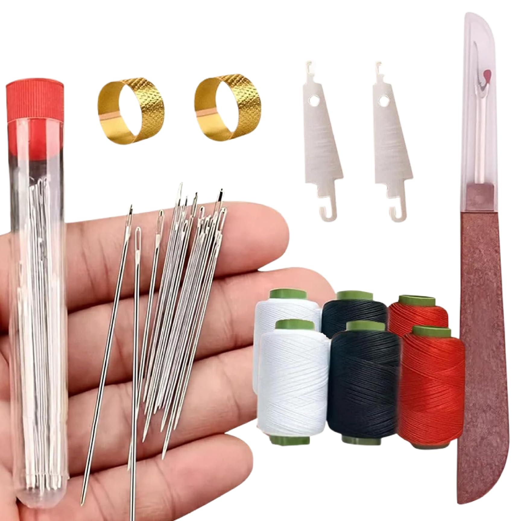 Agujas de coser de acero en set de 37 unidades con hilos de 3 colores para costura a mano