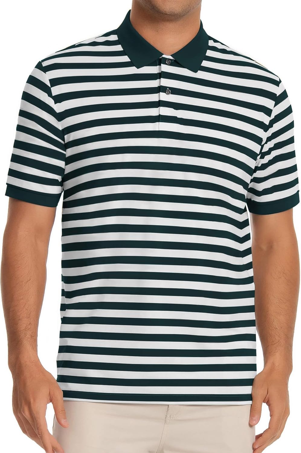Mens Golf Shirt Short Sleeve Striped Performance Dri Fit Moisture Wicking White Polo Shirts for Men Slim Fit