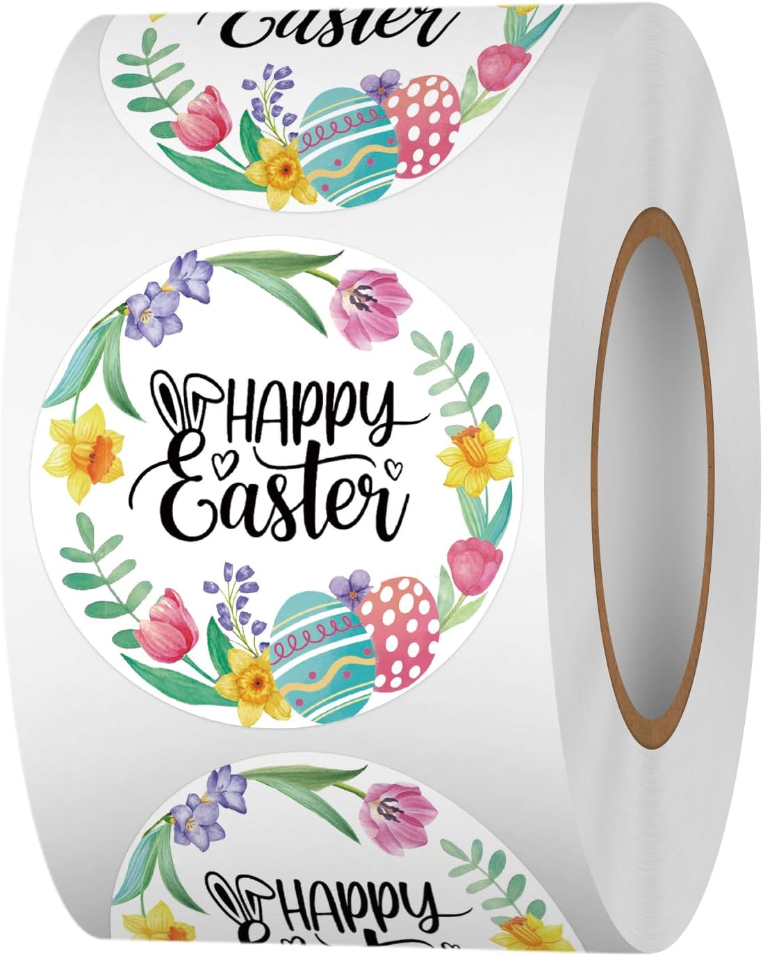 Happy Easter Sticker Rolls, 1.5 Inches 500 PCS Happy Holiday Stickers for Kids and Adults, Easter Egg and Bunny Round Label Stickers for Goodie Bags, Cards, Gift Favors Box, Party Supplies