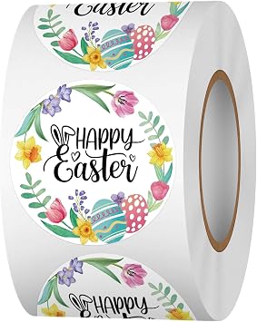 Happy Easter Sticker Rolls, 1.5 Inches 500 PCS Happy Holiday Stickers for Kids and Adults, Easter Egg and Bunny Round Label Stickers for Goodie Bags, Cards, Gift Favors Box, Party Supplies
