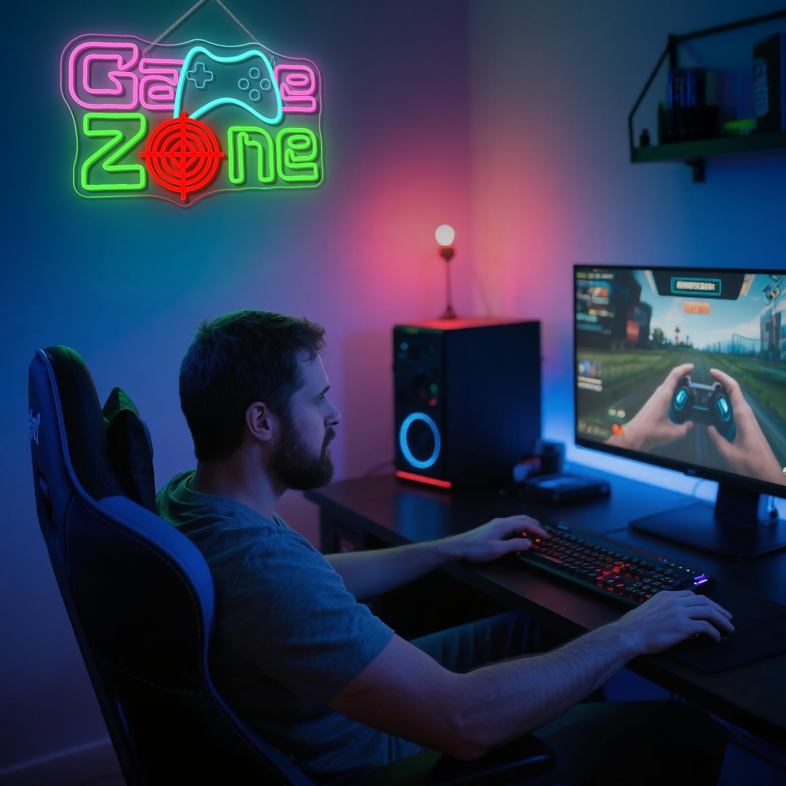 ineonlife Game Zone Neon Led,Radar Gamepad Luces Neon para Decoración de Pared,Letrero Led para Sala de Juegos,Zona de Juegos,Cueva de Hombre,Sala Familiar,Regalo para Niño