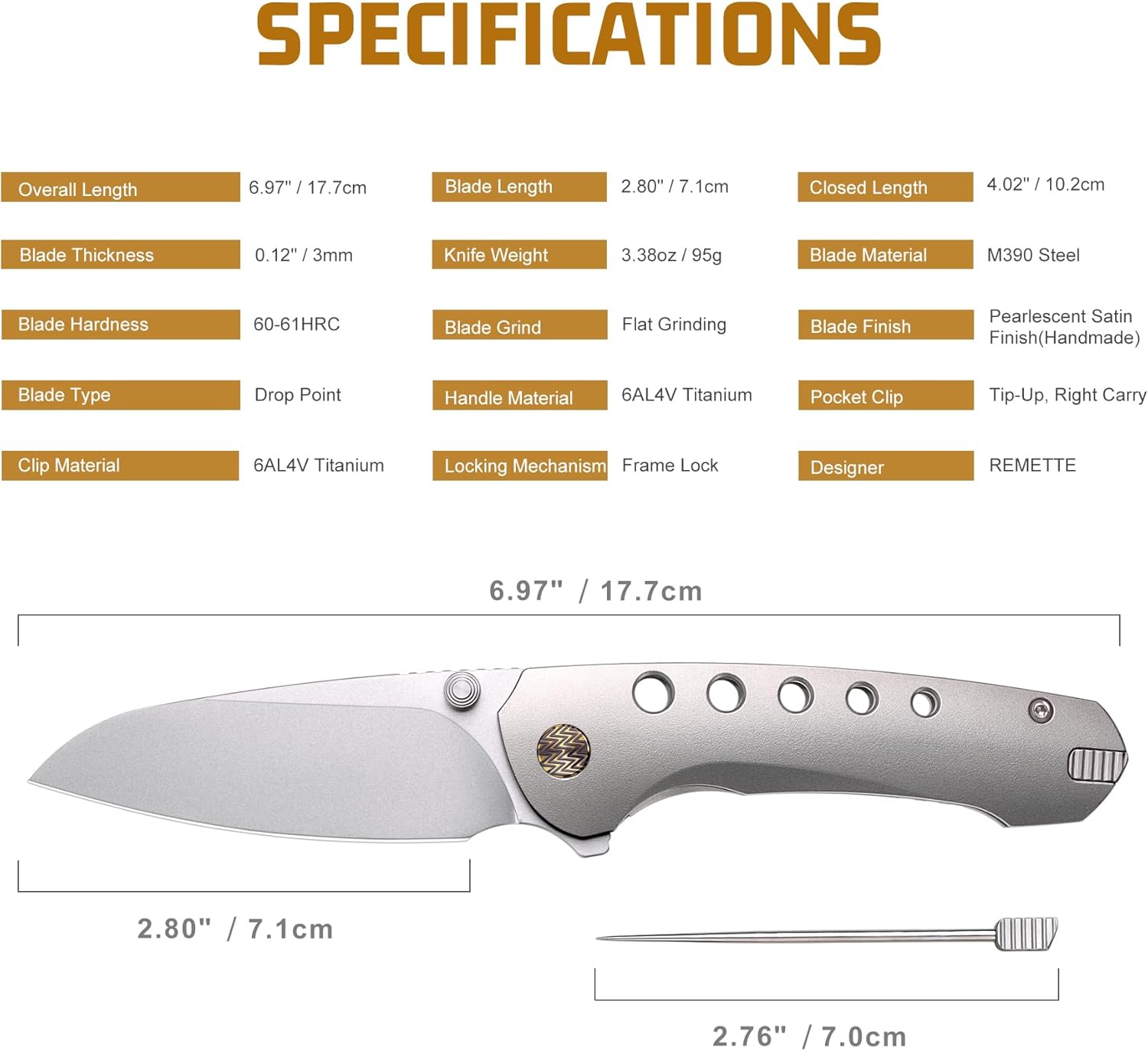 REMETTE Pocket Knife with Titanium Toothpick Manual Grinding Pearlescent Satin M390 Blade Titanium Handle Flipper Opener Thumb Stud Folding Knives for Men Women Gifts (RT-BEE)