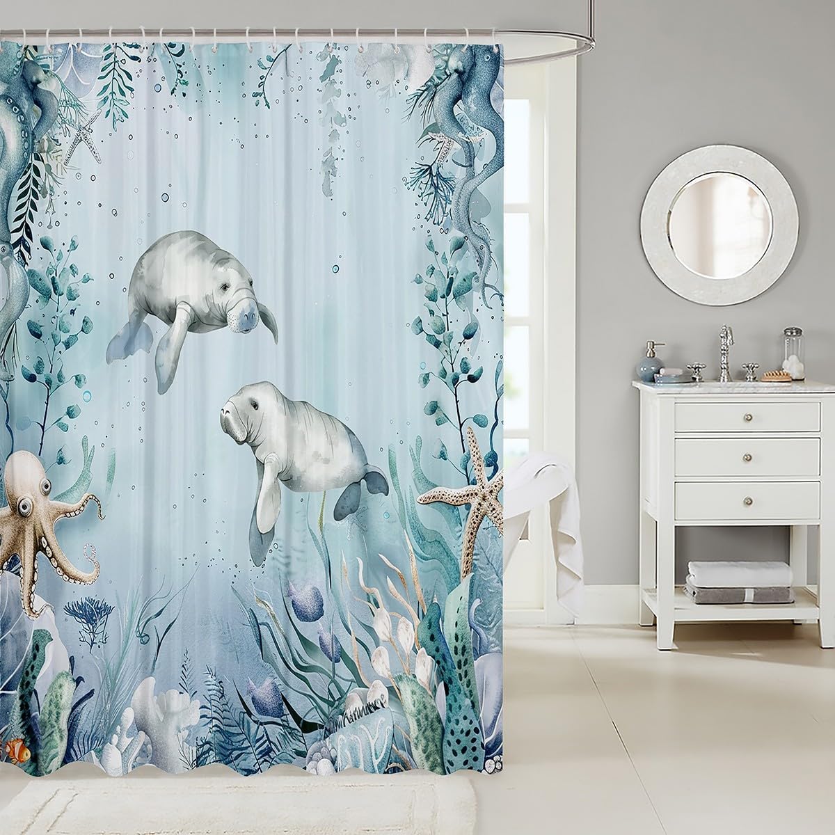 Erosebridal Manatee Teal Blue Beach Coastal Ocean Curtain 72" Wx78 L, Starfish Octopus Tentacles Bathroom Underwater Creature Coral Kawaii Fish Shower Curtain