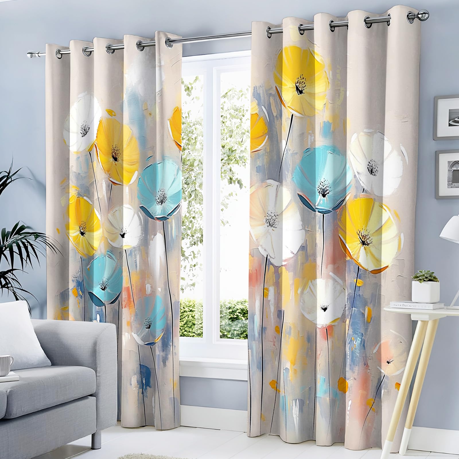 Rideau occultant thermique jaune 117x183 avec motif de peinture florale abstraite