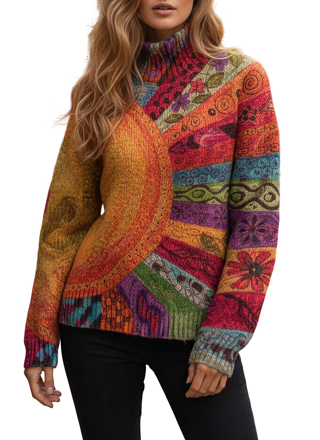 Womens Boho Floral Pattern Turtleneck Sweater Long Sleeve Artistic Fall Winter Knit Pullover Tops