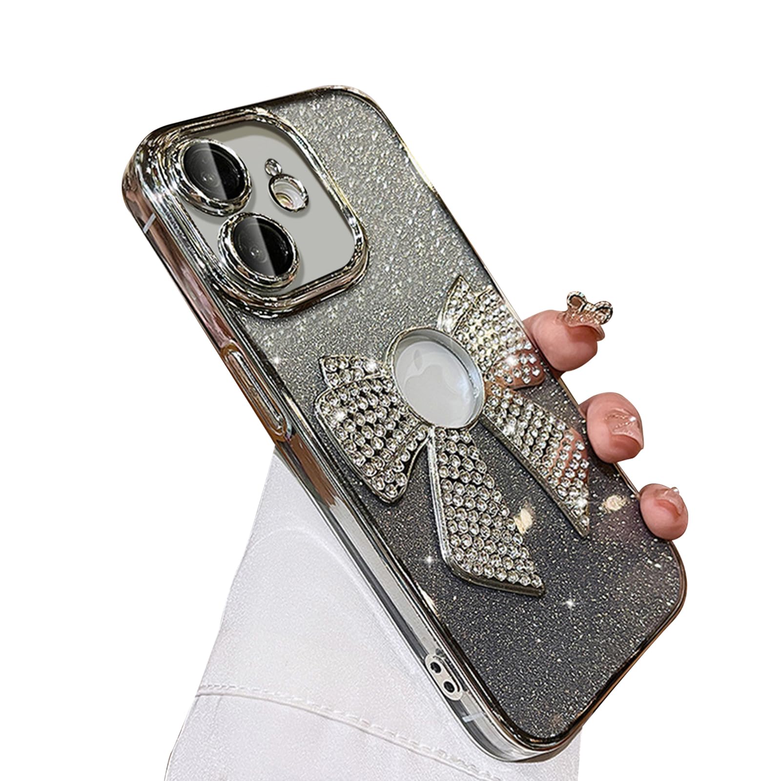 Reownest Compatible with iPhone 12 Case,Cute Glitter Bowknot Design Bling Diamond Aesthetic Women Girls Protective Phone Case for iPhone 12 -Gradient Silver