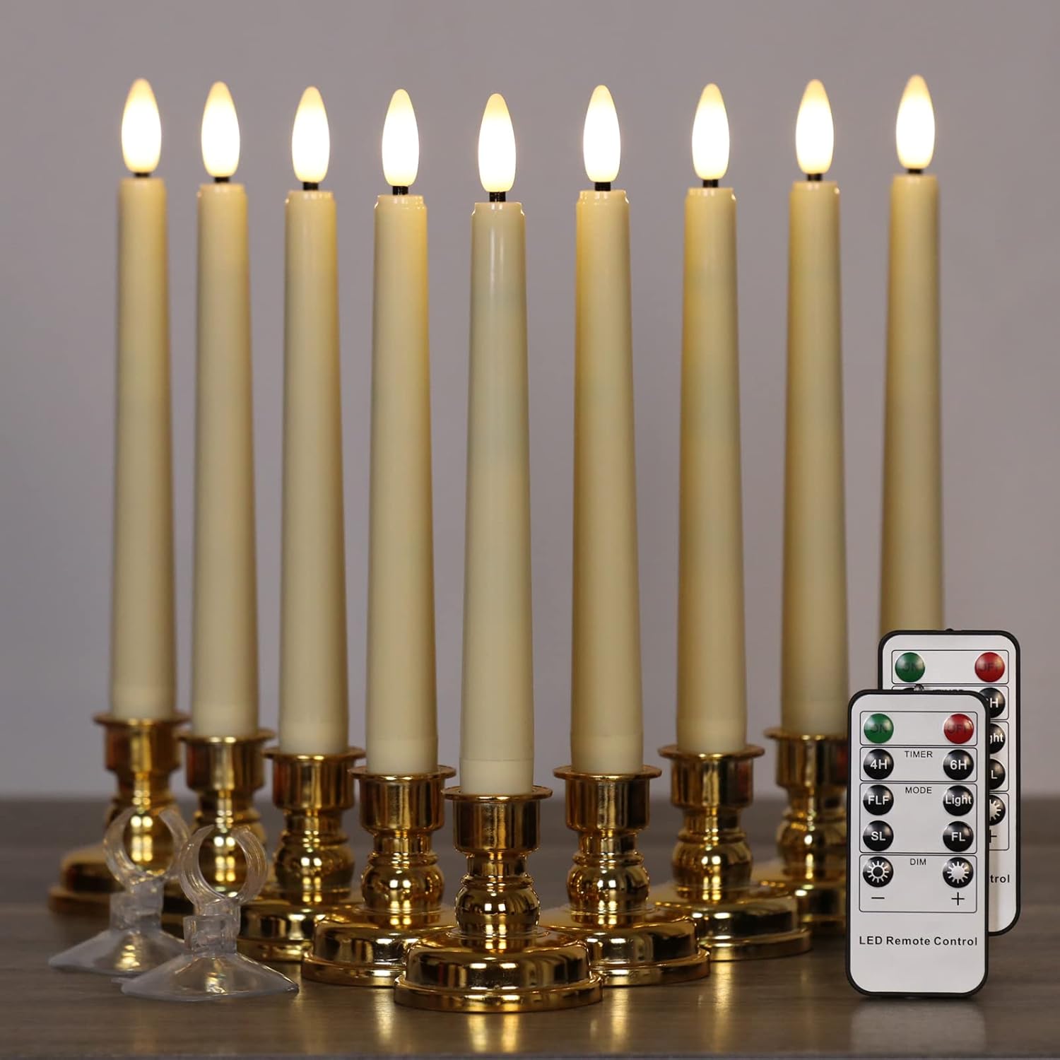9 Pack 3D Wick Flameless Window Candles with Remote & Timer, 8”H Battery Operated LED Taper Candles, Warm White Flame Flickering Light, Ideal for Tabletop/Christmas/Wedding/Party Decor