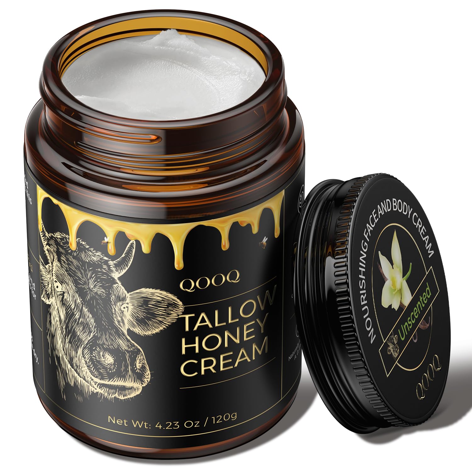 QOOQ 100% Grass Fed Beef Tallow for Skin with Raw Honey & Beach Rose Oil - for Sensitive & Eczema Skin - Natural Face/Body Butter + Lip Balm, Unscented, 4.23 oz