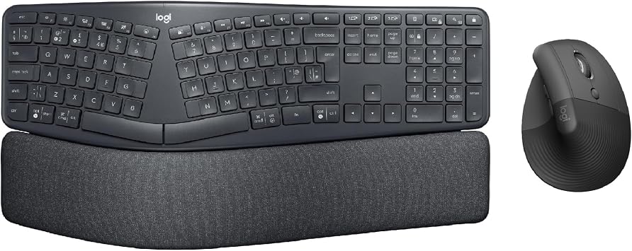 Logitech Lift Vertical Ergonomic Mouse, Wireless, Bluetooth or Logi Bolt USB receiver, Quiet, ERGO K860 Wireless Ergonomic Keyboard - Split Keyboard Layout, Wrist Rest, QWERTY UK Layout - Graphite
