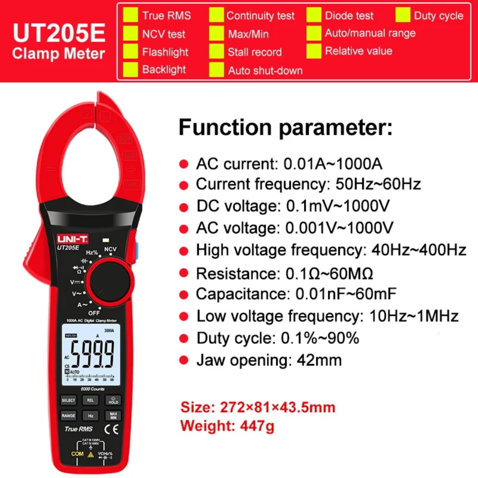 UNI-T UT205E Serie UT200 True RMS Digital Abrazadera Metro, 1000A AC/DC, 10Hz-1MHz