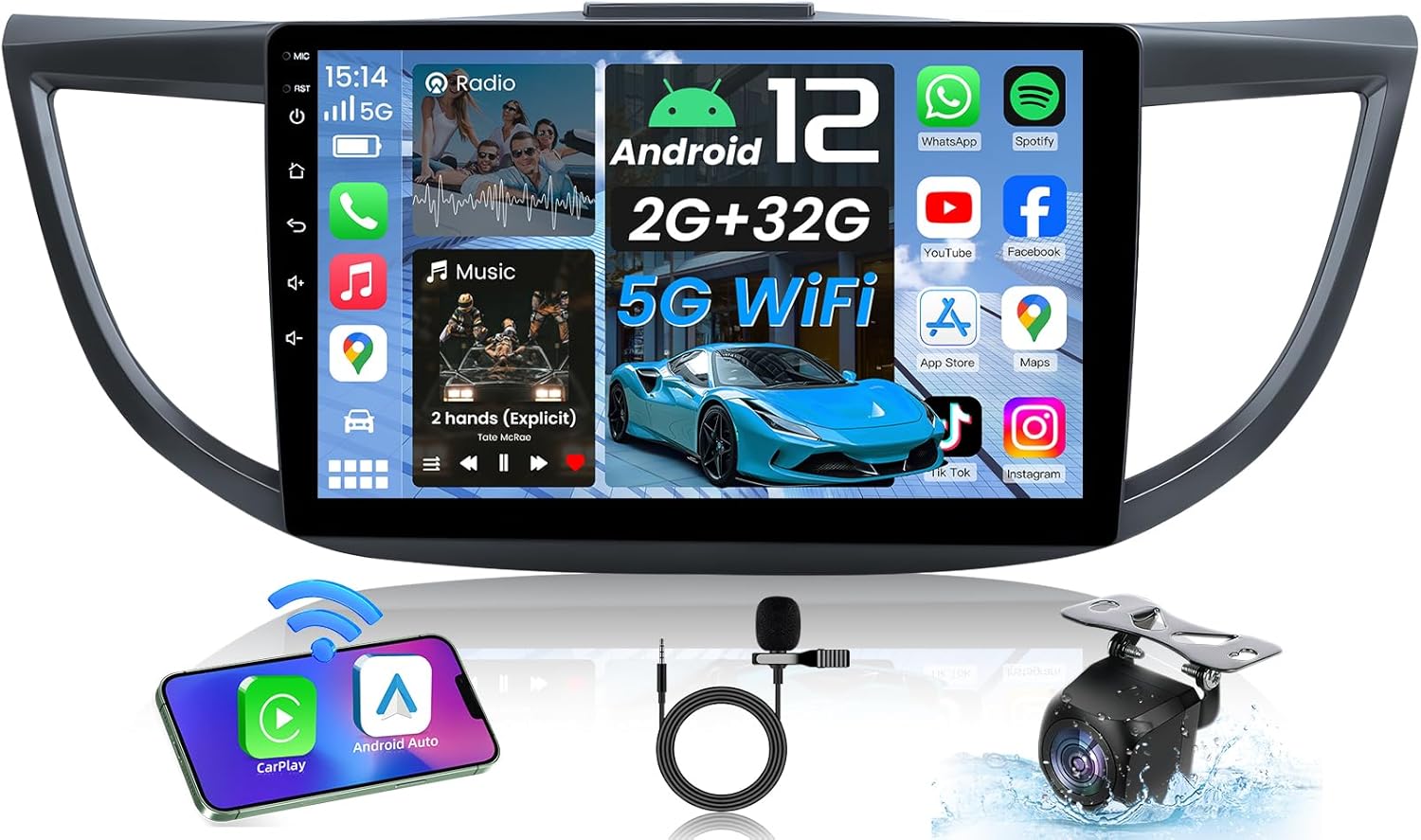 4Core Car Radio for Honda CRV 2012-2016: Car Stereo Upgrade Wireless Carplay & Android Auto 1280 * 800 HD Touchscreen GPS Navigation Bluetooth WiFi Backup Camera Bluetooth FM