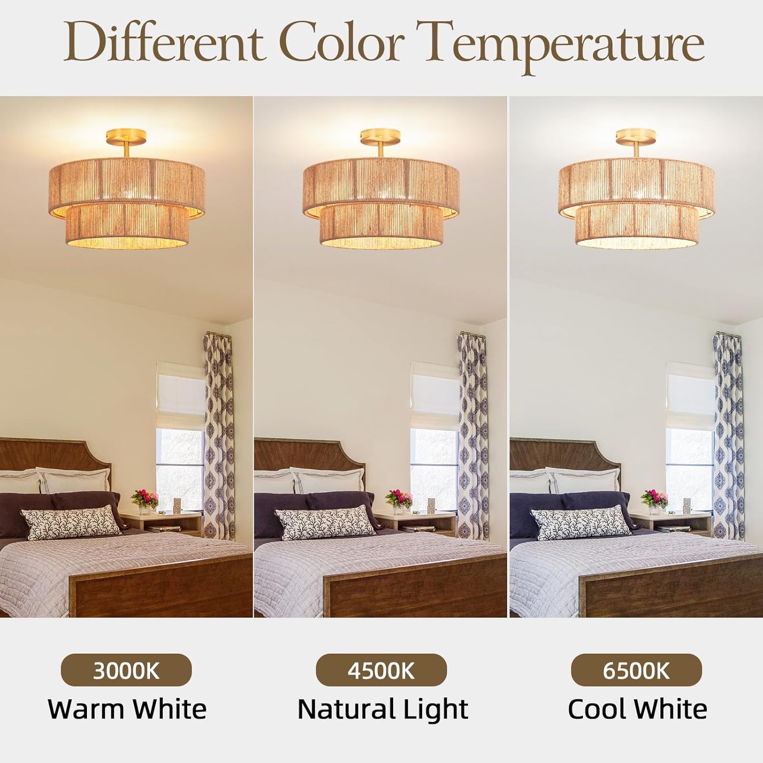 18" Boho Semi Flush Mount Ceiling Light Gold Rattan Ceiling Light Farmhouse Ceiling Lamp with Natural Hemp Rope Lampshade for Dining Room Living Room Bedroom Kitchen