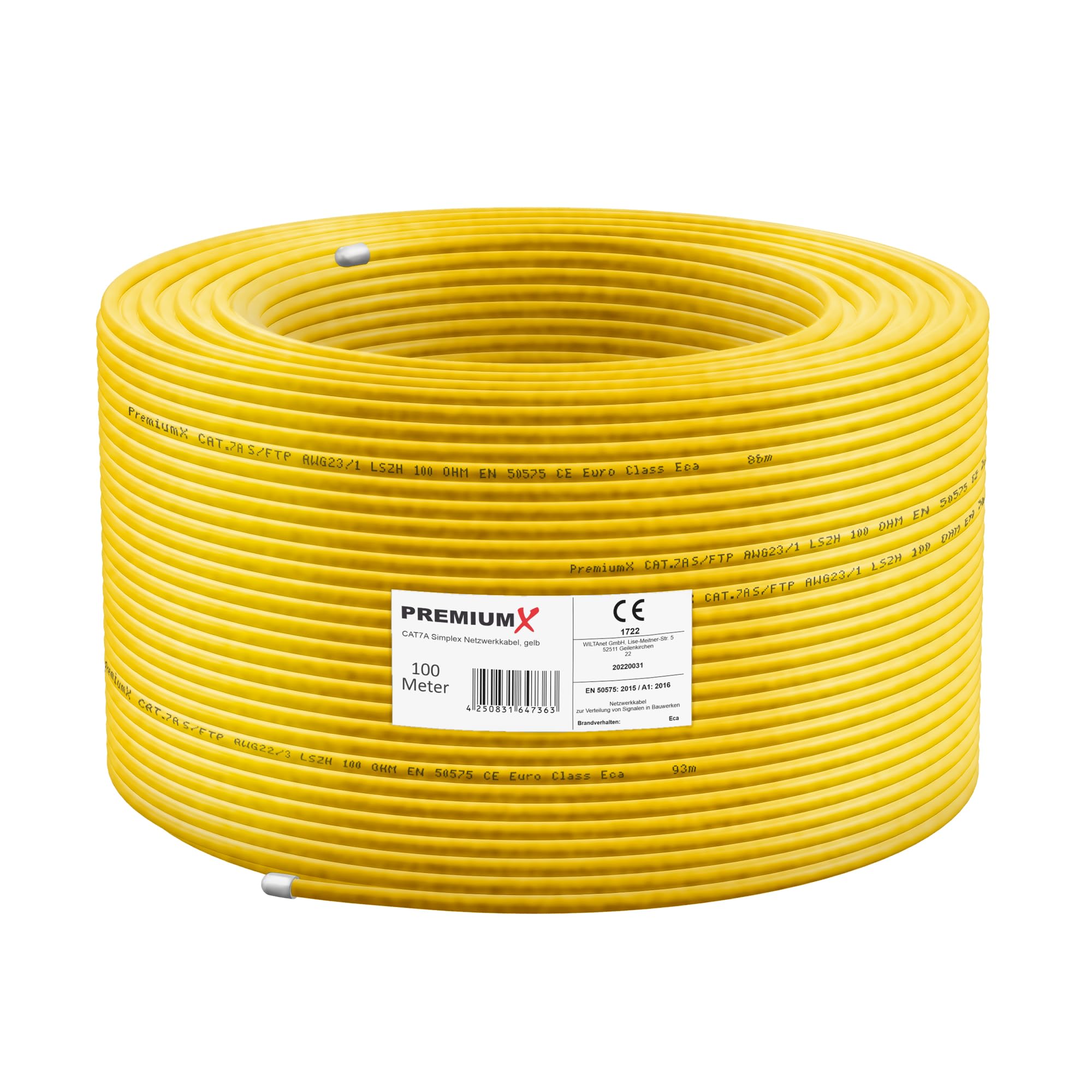 Premium X CAT 7A Cavo di rete 100m - Cavo Ethernet CAT7A Rame Puro - Schermato S/FTP - Cavo dati LAN Gigabit 1200 MHz 4x2xAWG23 PIMF PoE 10Gbit/s Senza alogenuri - Cavo di installazione - 100 metri