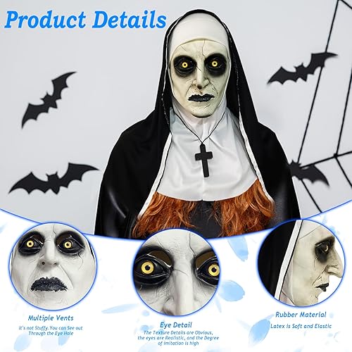 Miniatura 6 de Máscara de terror de monja 2024, máscara de disfraz de cabeza completa con collar de cruz para fiesta de Halloween
