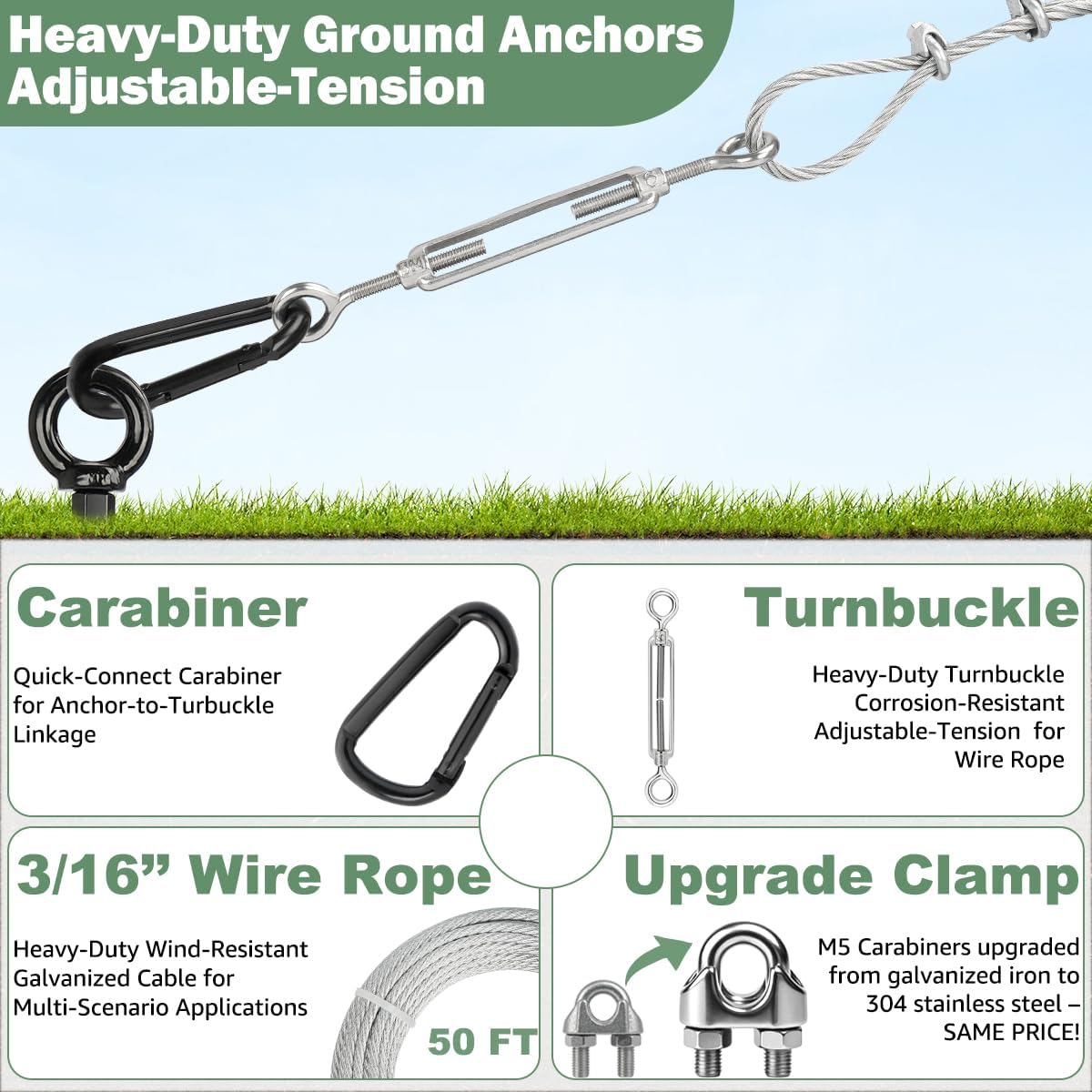 Tinnmao 30 Inch Ground Anchors Heavy Duty, 6 Pcs Screw in Shed Anchor Kit with Galvanized Cable & Turnbuckle, Multi-Use Earth Anchors for Sheds, Trampolines, Gazebo, Swing Sets, Carport