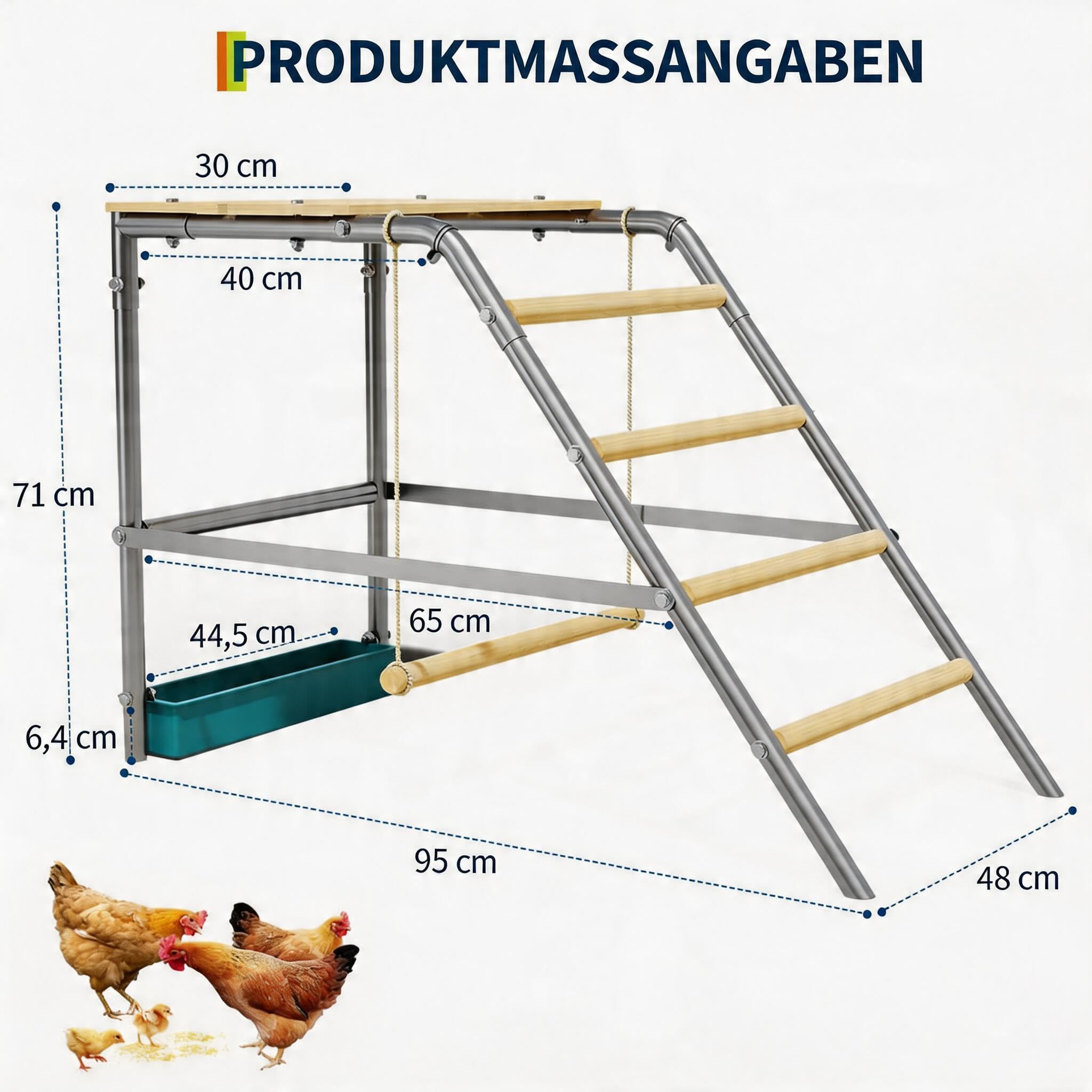 Hühnerschaukel Draußen 100×48×70cm,Holz and Metall Hühnerschaukel,Kletterturm für Hühner,Hühnerleiter & Sitzstange, mit Futterbox, leicht zu reinigen, ideal zum Spielen & Trainieren